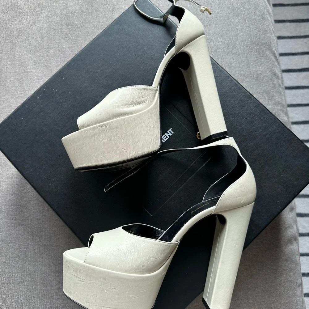 SAINT LAURENT 2022 PLATFORM OPEN TOE HEELS- PEARL - Picture 2 of 5